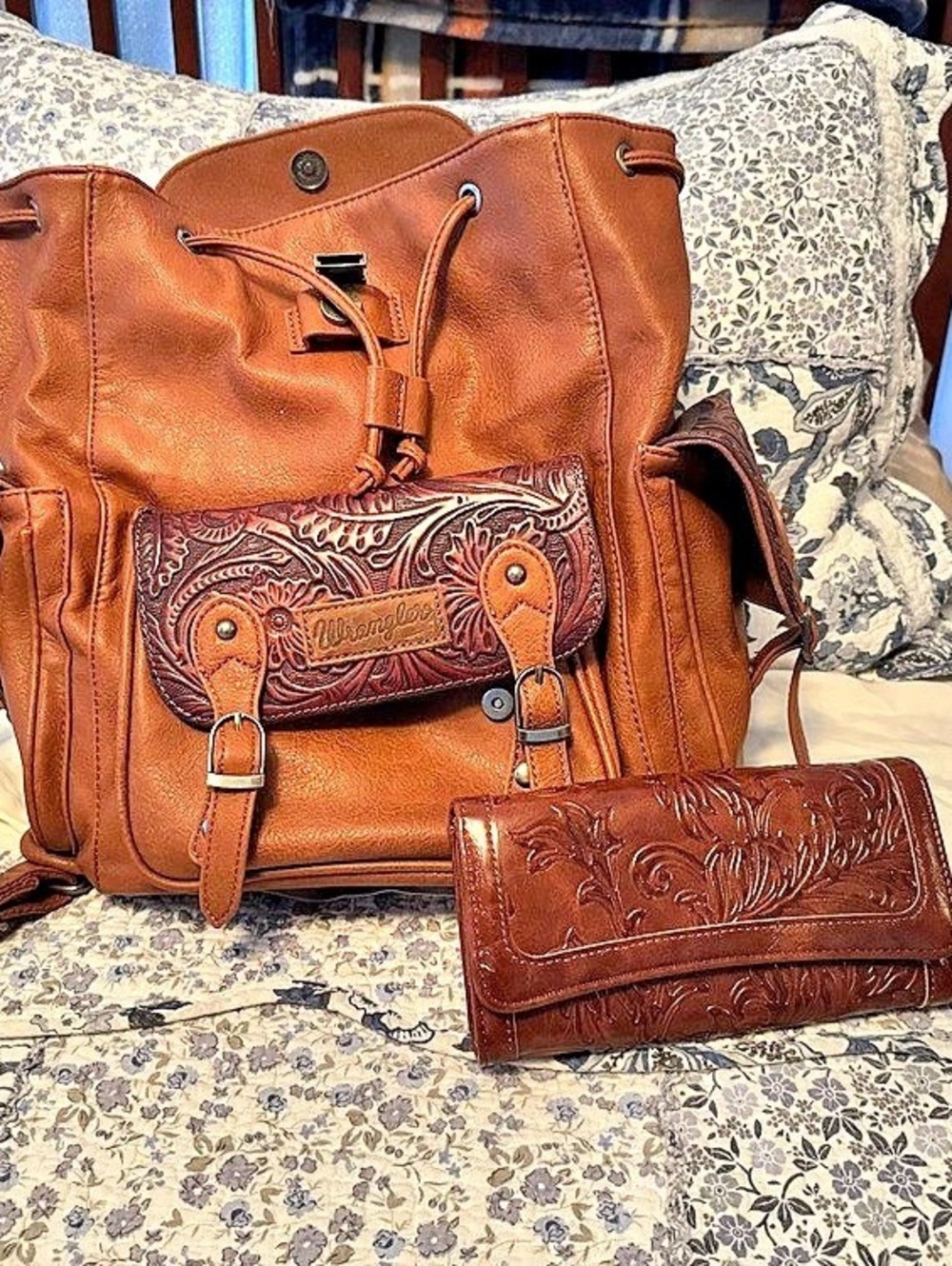Wrangler Tooled Leather-Look Backpack Brown